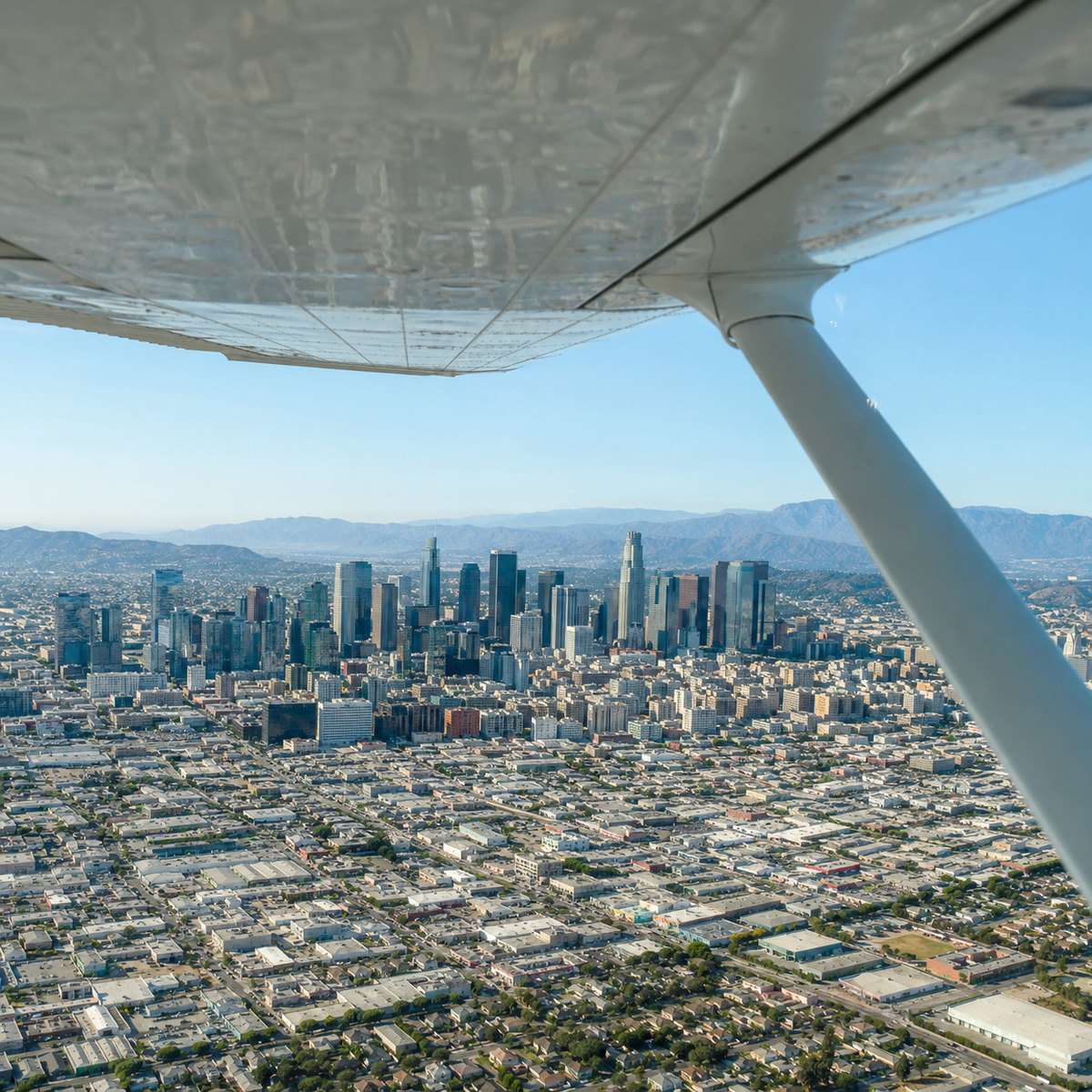 Aerial view of the Downtown Los Angeles skyline seen from a discovery flight